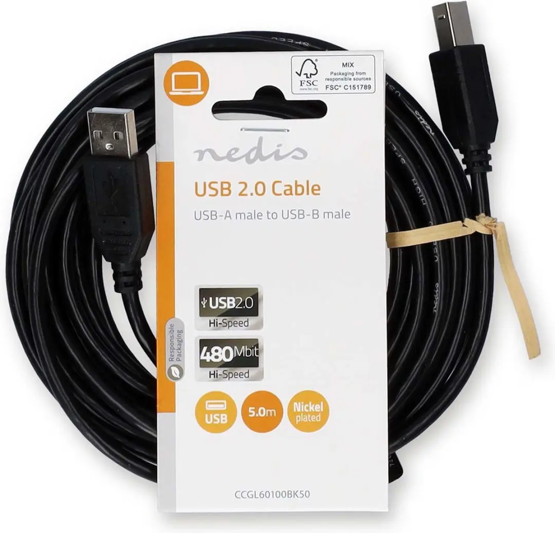 Nedis USB 2.0 A-B Kabel 5m - 10W 480Mbps - Zwart