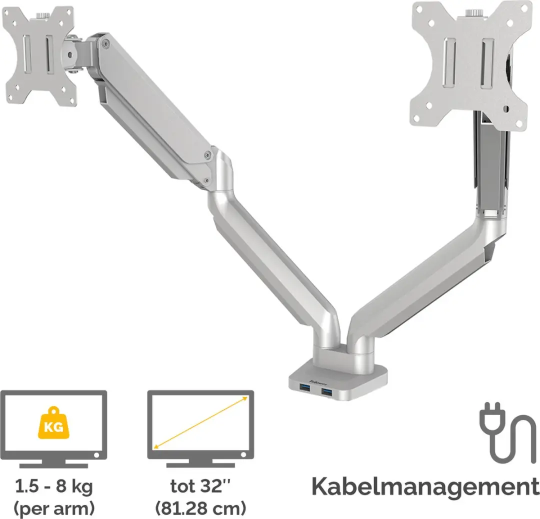 Fellowes Platinum Monitor Arm 8056501 - 2 Schermen tot 27" - Zilver
