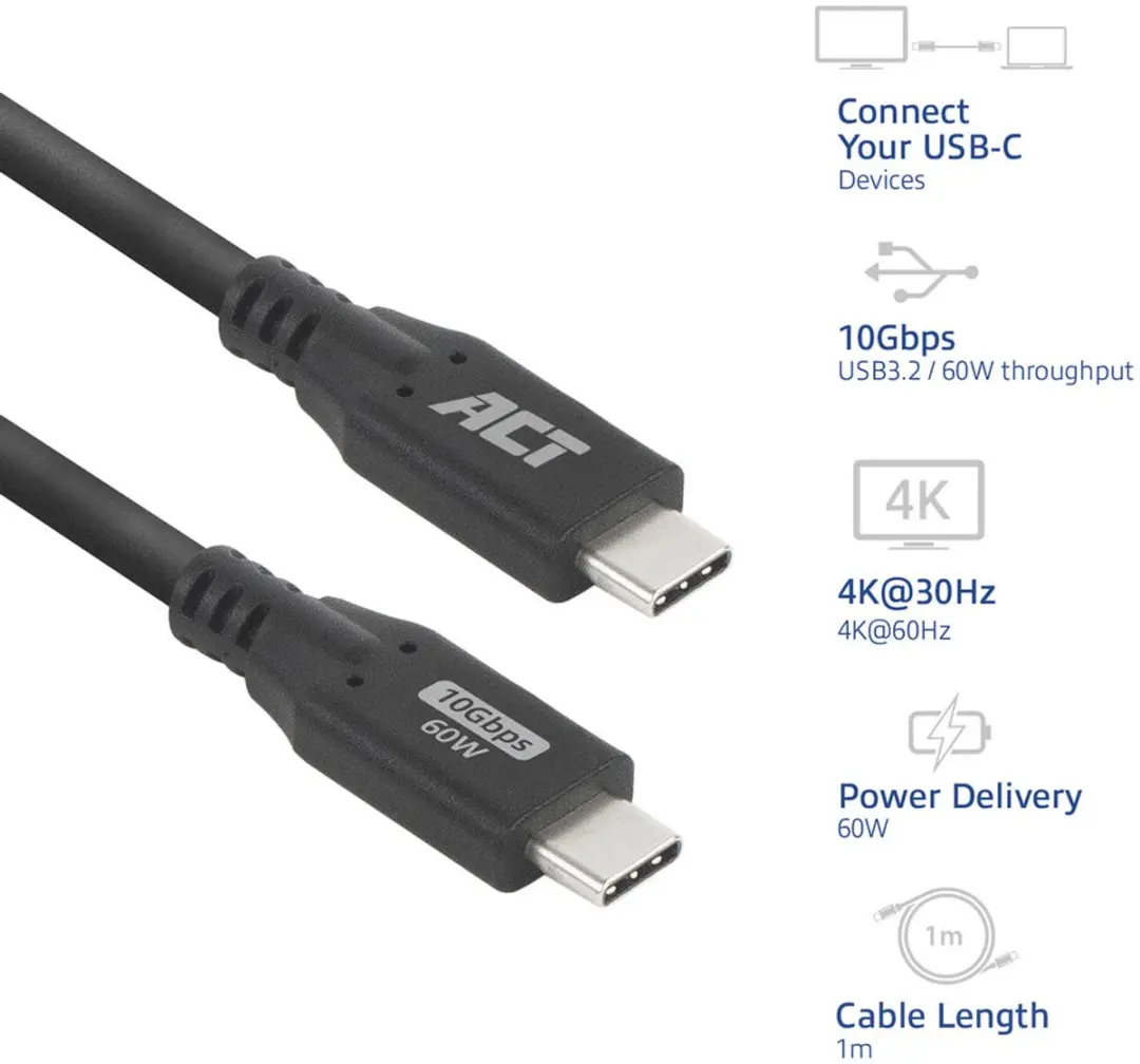 ACT AC7441 USB Type-C Kabel 10Gbps 60W - 1m - Zwart