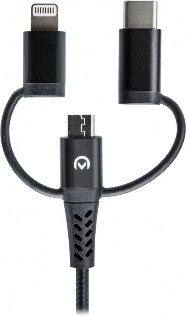Mobilize 3in1 USB-A naar Lightning/Micro USB/USB-C Kabel 1.5m - Zwart