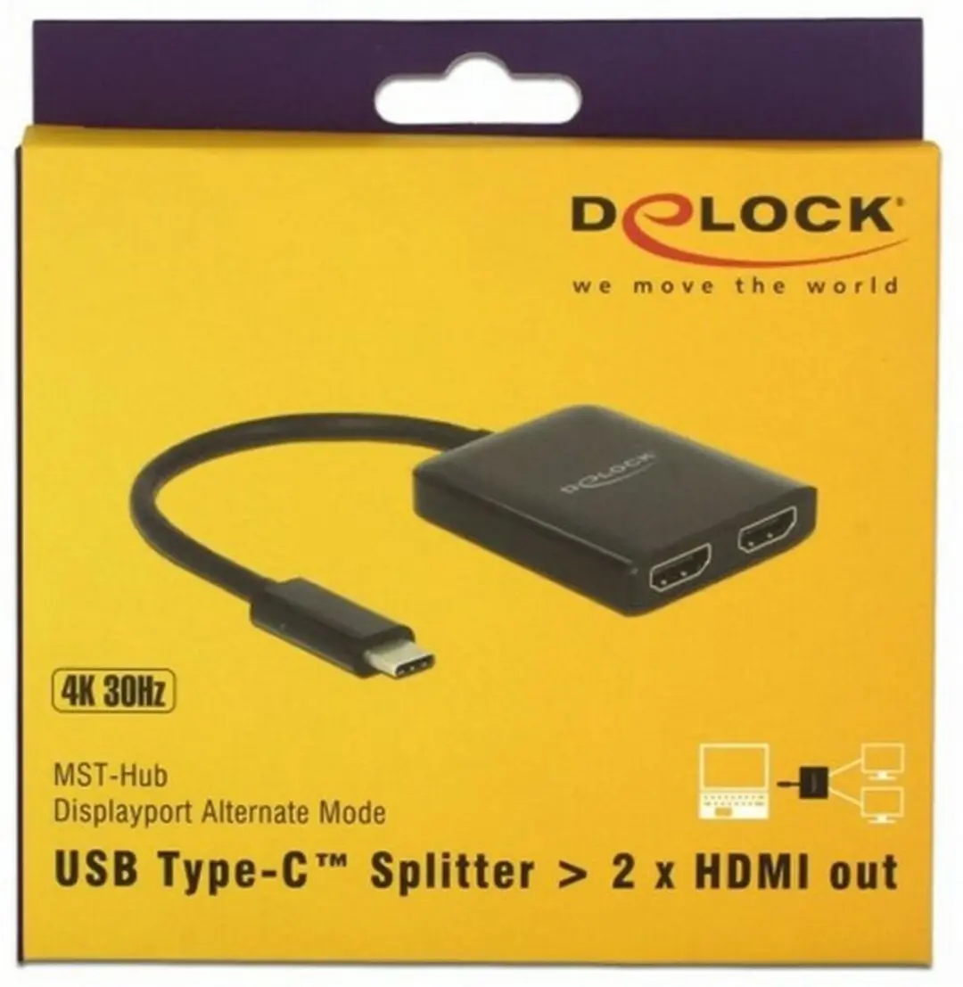 Delock USB-C naar 2x HDMI Splitter DP Alt Mode 4K30 - 0,25m - Zwart