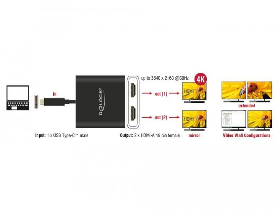 Delock USB-C naar 2x HDMI Splitter DP Alt Mode 4K30 - 0,25m - Zwart