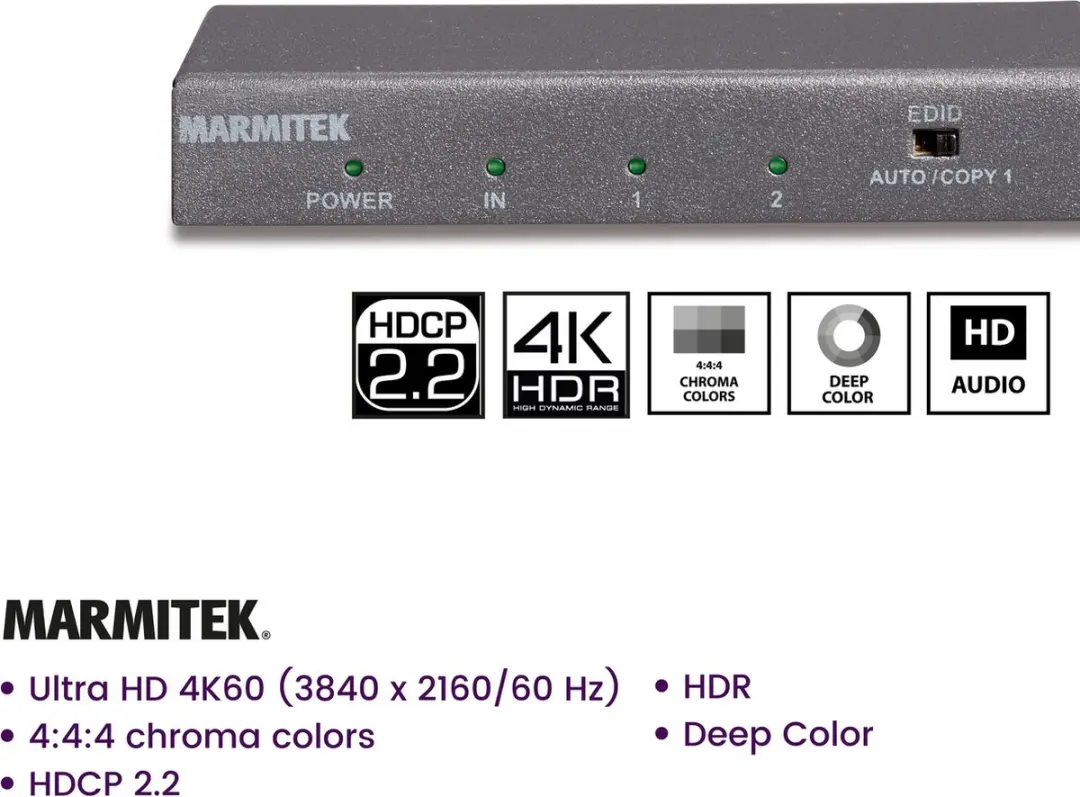 Marmitek Split 612 UHD 2.0 HDMI Splitter 4K 60Hz - 1 Ingang 2 Uitgangen - Zwart