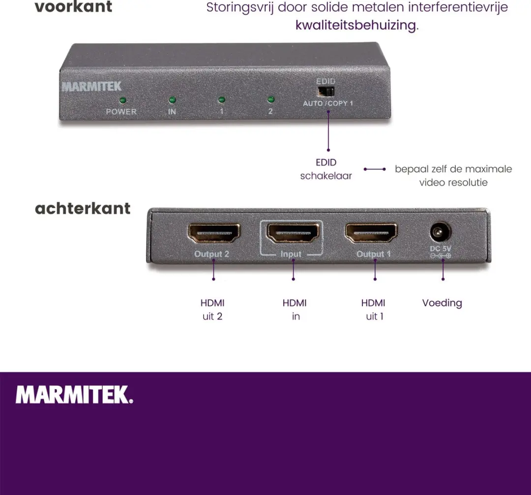 Marmitek Split 612 UHD 2.0 HDMI Splitter 4K 60Hz - 1 Ingang 2 Uitgangen - Zwart