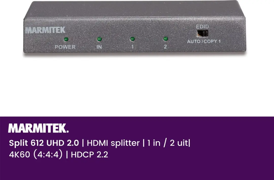 Marmitek Split 612 UHD 2.0 HDMI Splitter 4K 60Hz - 1 Ingang 2 Uitgangen - Zwart