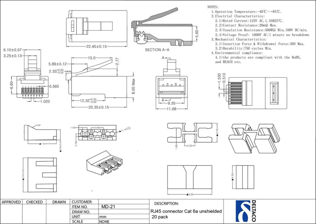 Deltaco MD-21 RJ45 Connector Cat6a - 20 Stuks