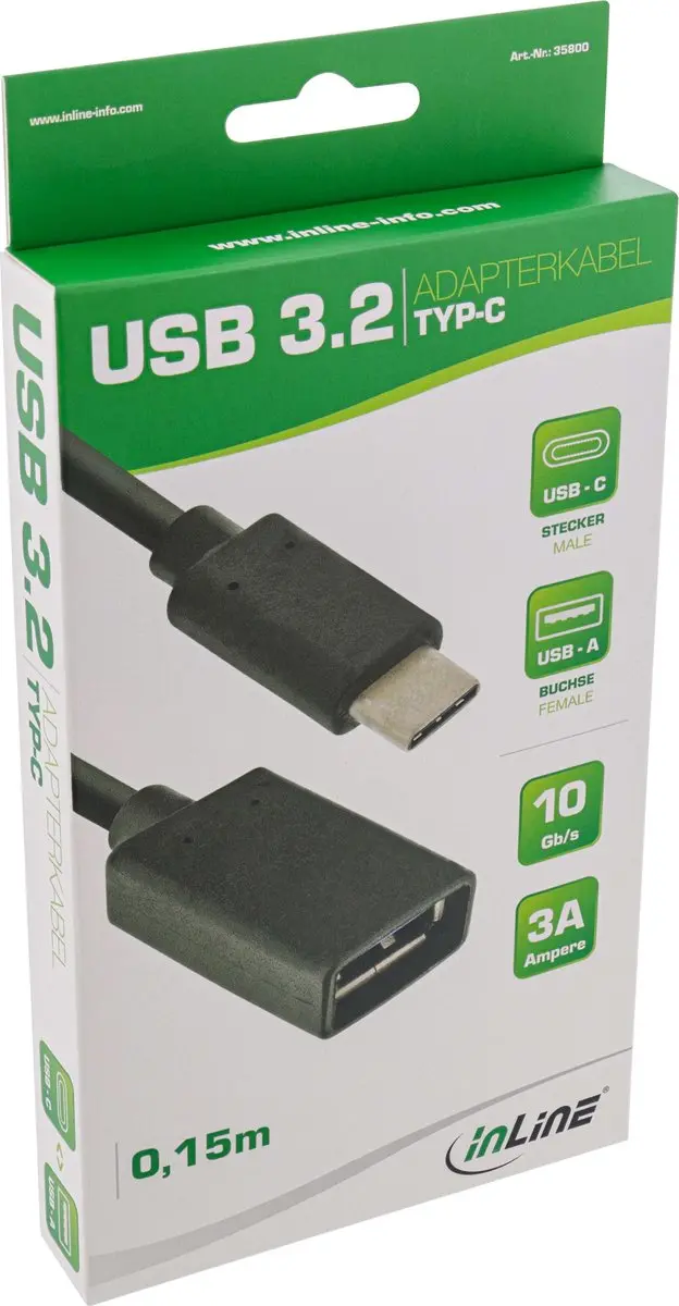 InLine USB-C naar USB-A Adapterkabel 0,15m - Zwart