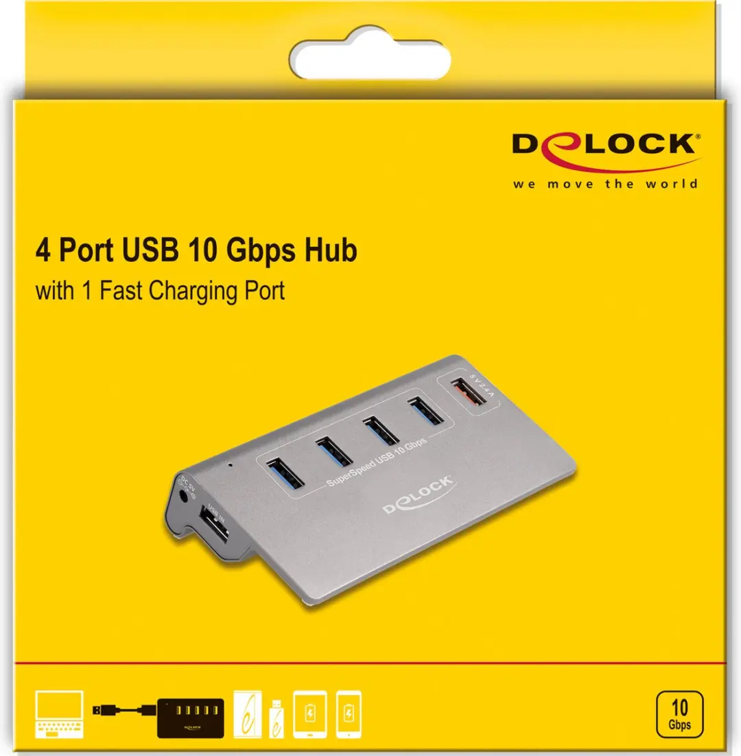Delock 64182 USB 10Gbps Hub - 4x USB-A + Snelladen - Grijs