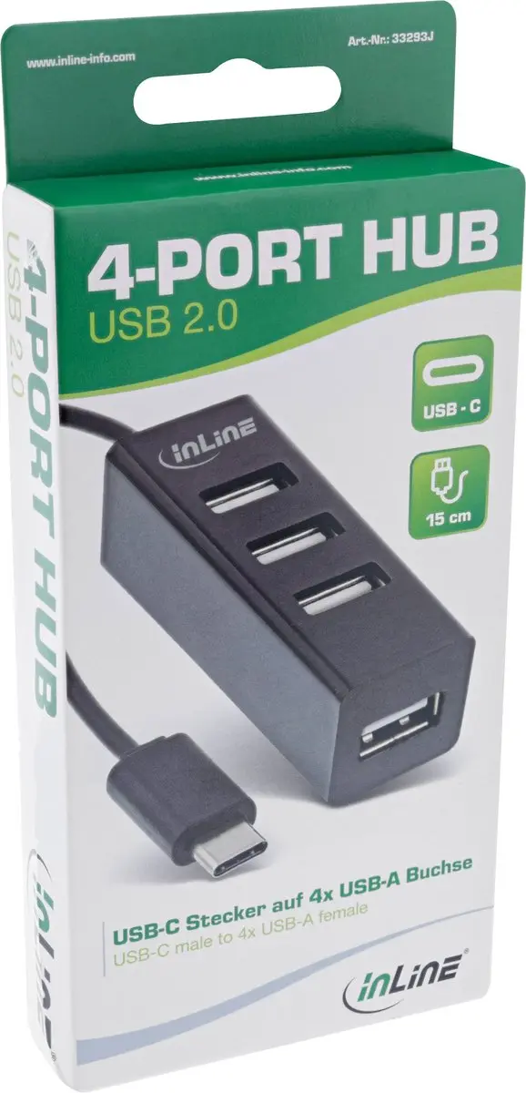 InLine USB-C Hub 4x USB-A - 0,15m - Zwart