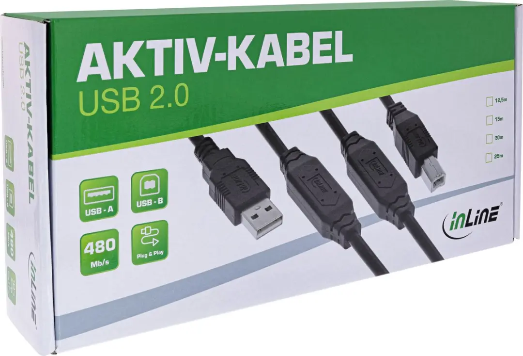 InLine USB-A naar USB-B Kabel 12,5m - USB 2.0 - Zwart