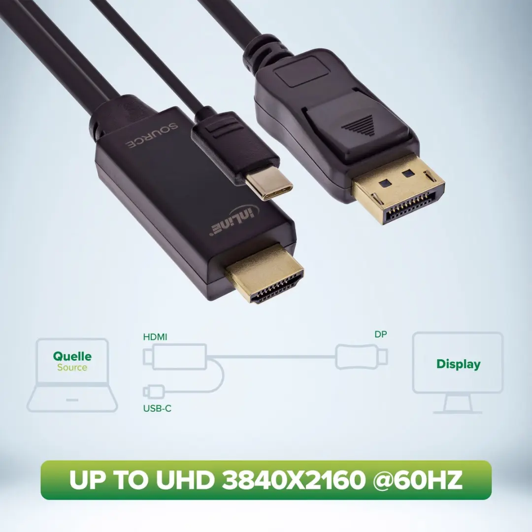 InLine HDMI naar DisplayPort Kabel 4K 60Hz - 2m - USB-C/USB-A Voeding