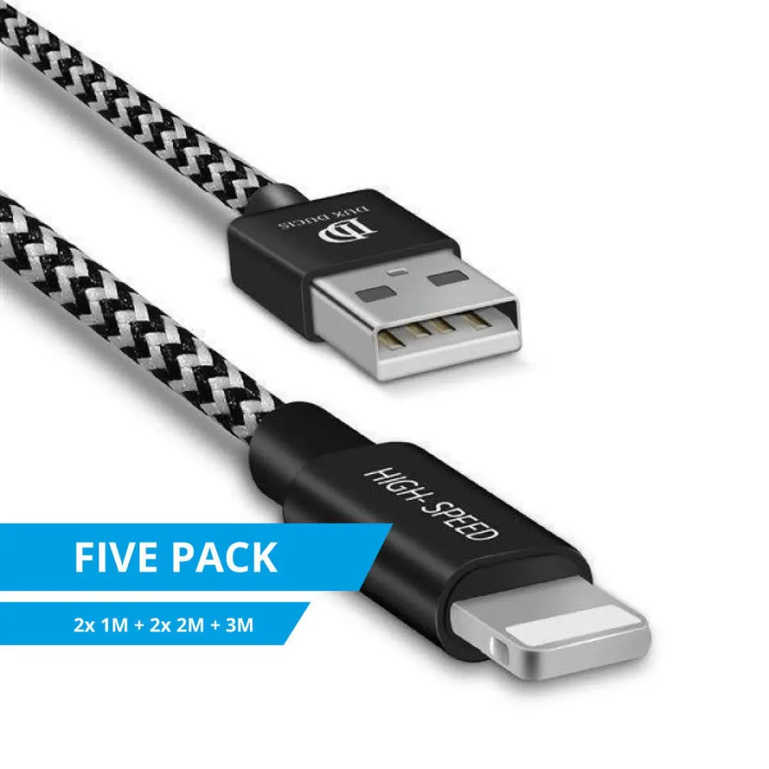 Dux Ducis 2.1A USB-A Lightning Kabel Set - 5 Stuks (2x1m + 2x2m + 1x3m) - Zwart