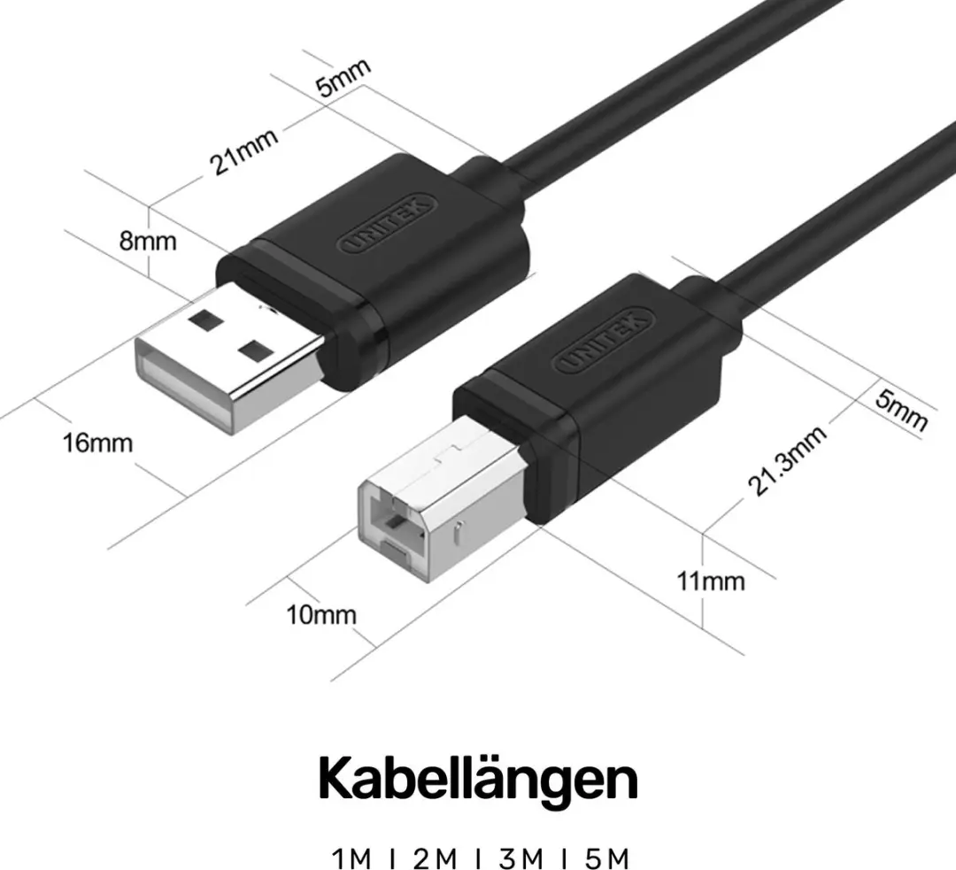 Unitek USB 2.0 Kabel A-B 5m - Zwart - afbeelding 6 van 6
