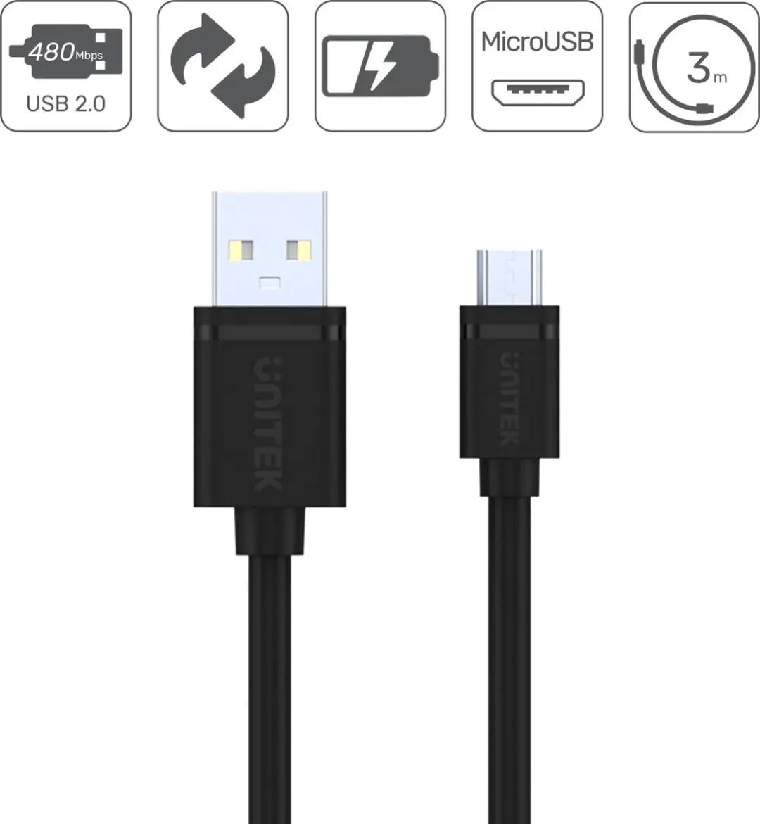 Unitek USB A naar Micro USB B Kabel 3M - Transparant
