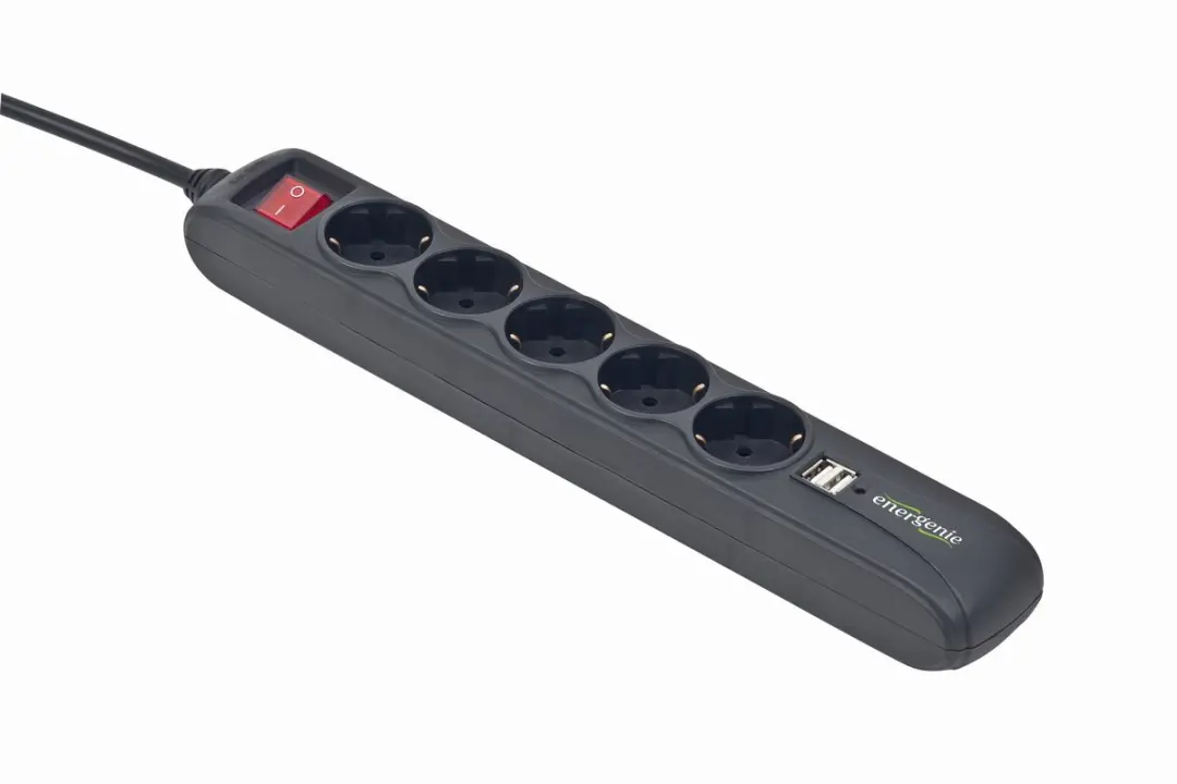 Gembird SPG5-U2-5 Stekkerdoos met schakelaar - 5-voudig - 2x USB - Zwart