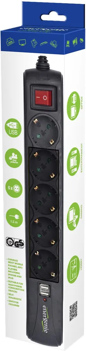 Gembird SPG5-U2-5 Stekkerdoos met schakelaar - 5-voudig - 2x USB - Zwart
