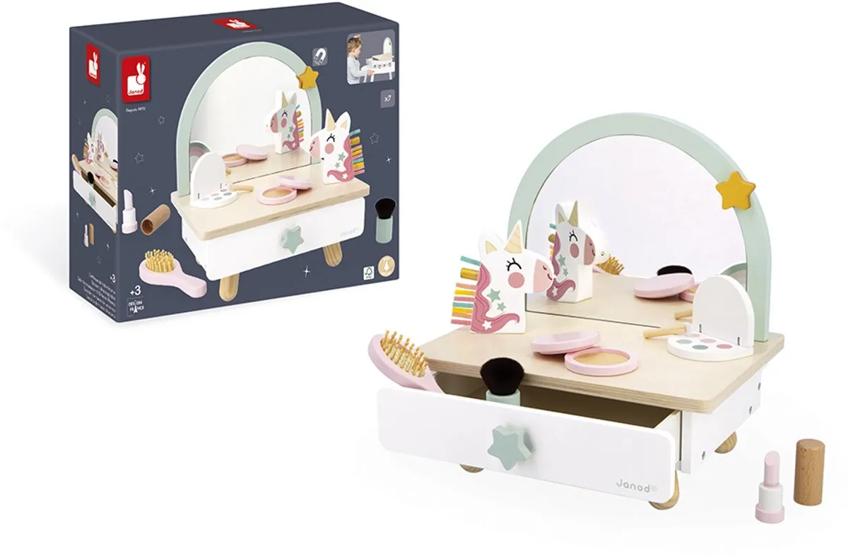 Janod Unicorn Houten Kaptafel - 7 Accessoires - Kindermake-uptafel