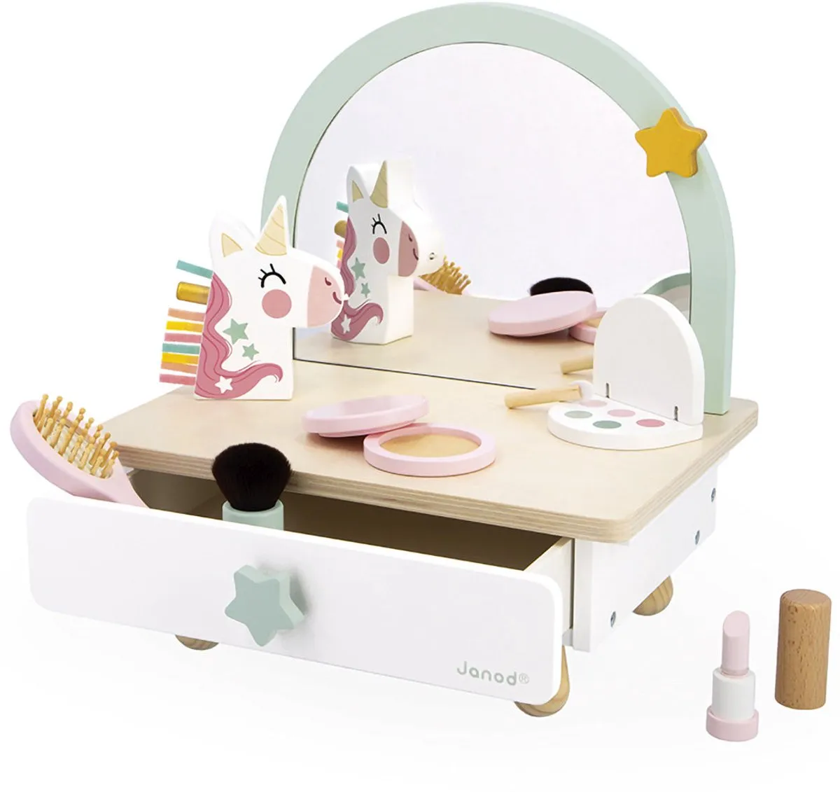 Janod Unicorn Houten Kaptafel - 7 Accessoires - Kindermake-uptafel