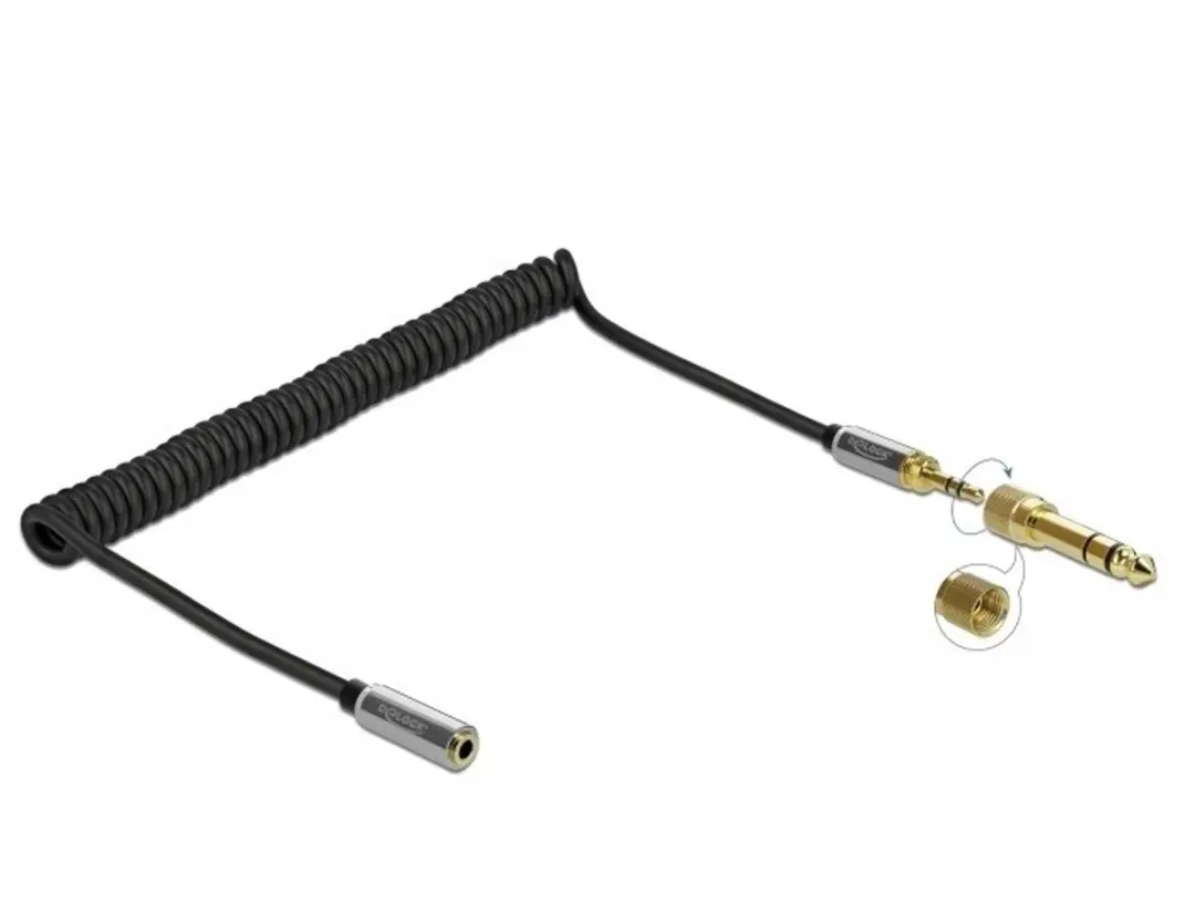Delock 3,5mm Jack Verlengspiraal 2m - 6,35mm Adapter - Zwart