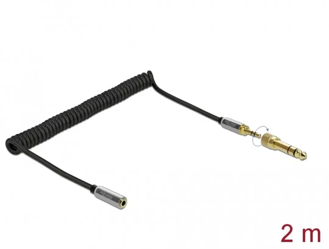 Delock 3,5mm Jack Verlengspiraal 2m - 6,35mm Adapter - Zwart
