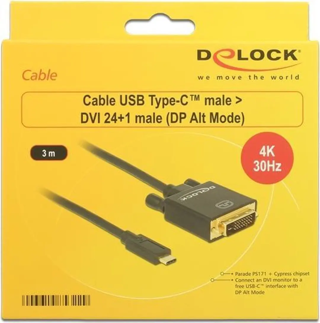 Delock USB-C naar DVI Kabel 4K 30Hz - 3m - Zwart