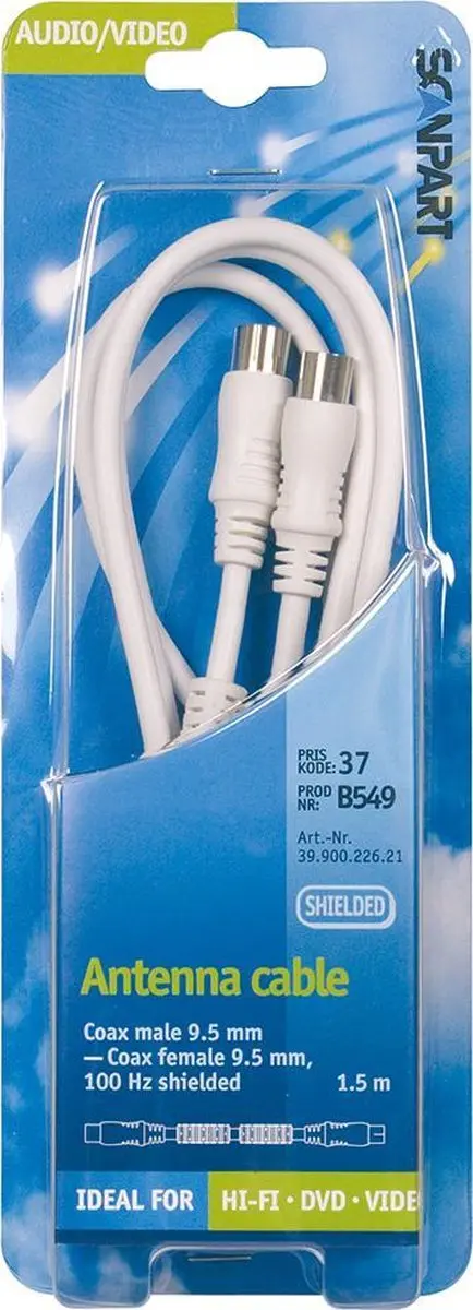 Scanpart Aansluitkabel 9.5mm M-F 1.5m Wit