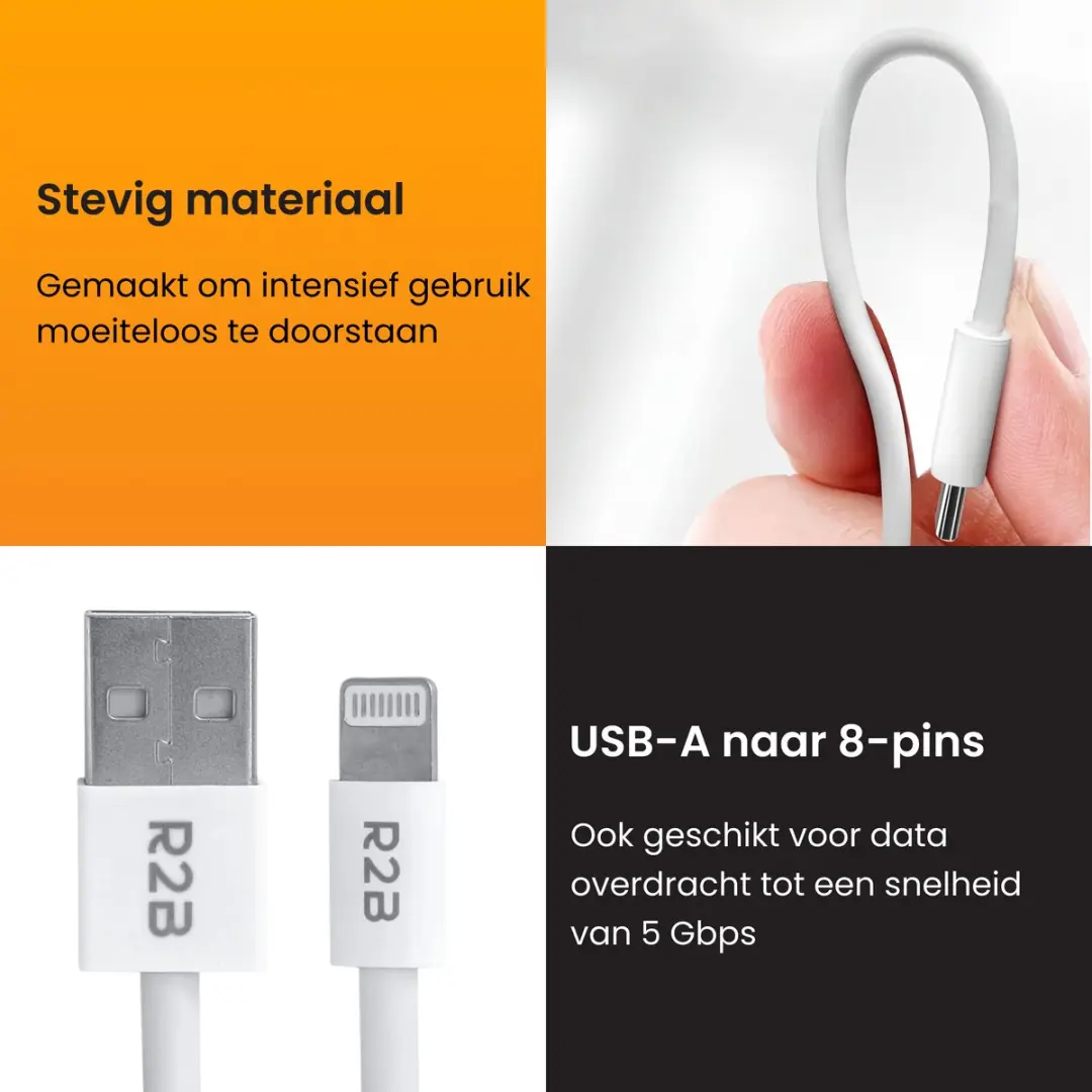 R2B USB-A Lightning Oplaadkabel 2m - Wit