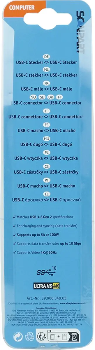 Scanpart USB-C Kabel 2m - 100W 10Gbps 4K60Hz - Zwart