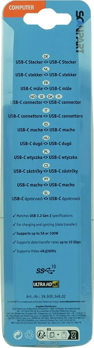 Scanpart USB-C Kabel 2m - 100W 10Gbps 4K60Hz - Zwart