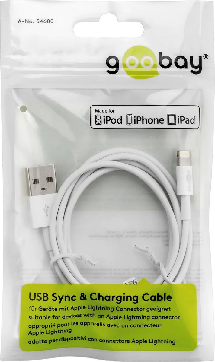 Goobay 8-pins Lightning naar USB-A Kabel - 1m - 2,4A - Wit - 10 Stuks