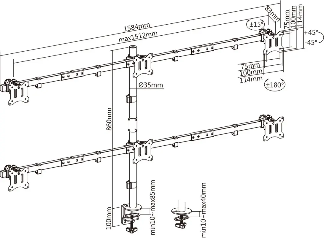 InLine Bureaubeugel 6 Monitoren 32" - 2x Crossbar Full Motion - Zwart