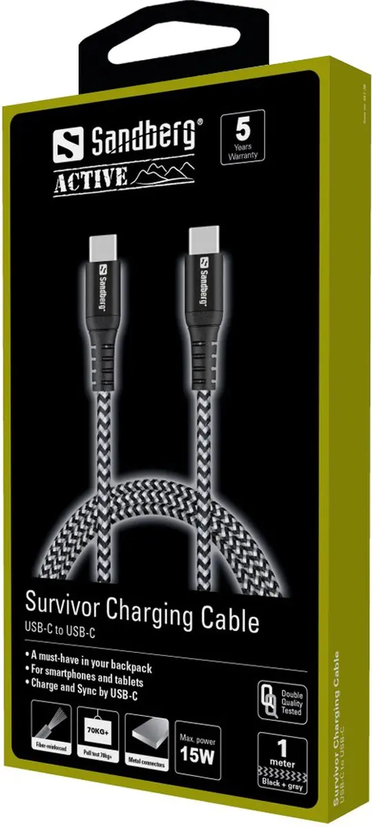 Sandberg Survivor USB-C Kabel 1M - Zwart/Grijs