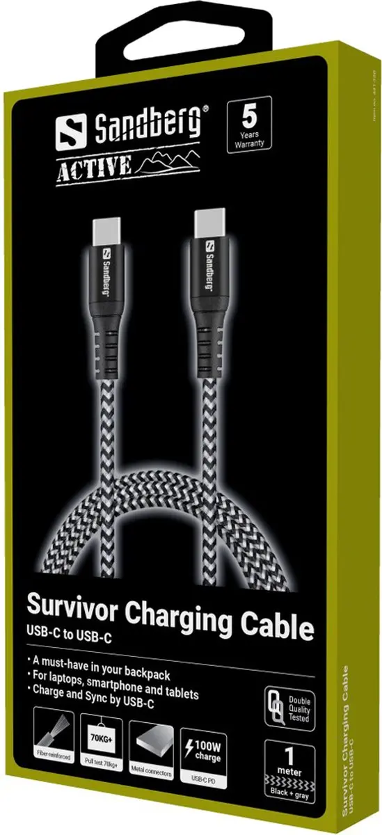 Sandberg Survivor USB-C Kabel 1M - Zwart/Grijs
