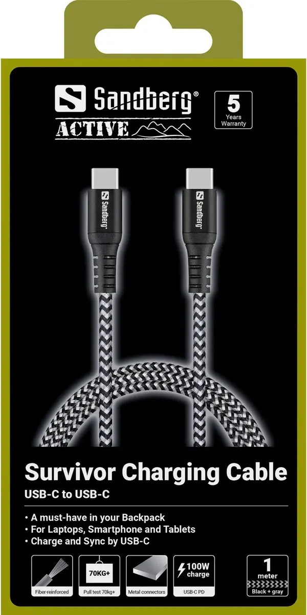 Sandberg Survivor USB-C Kabel 1M - Zwart/Grijs