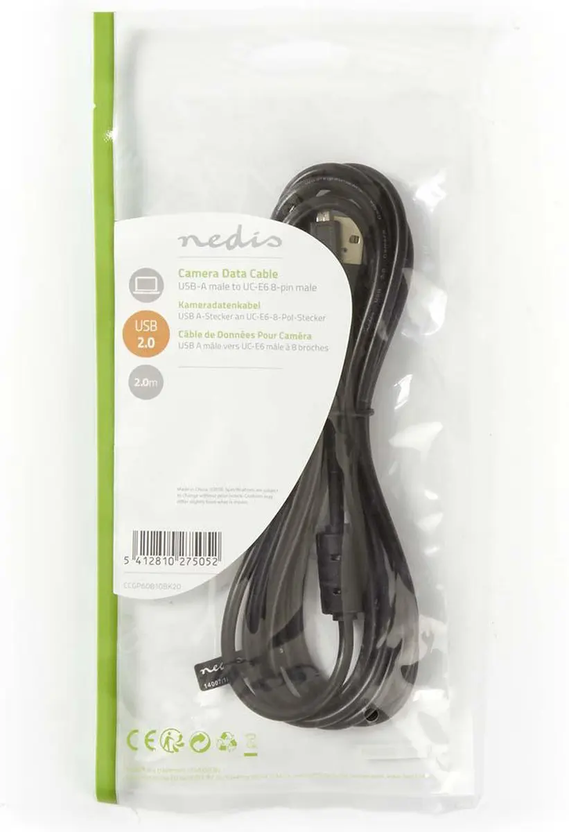 Nedis USB 2.0 A-Male naar US-E6 8-pins Male Kabel 2m - Zwart