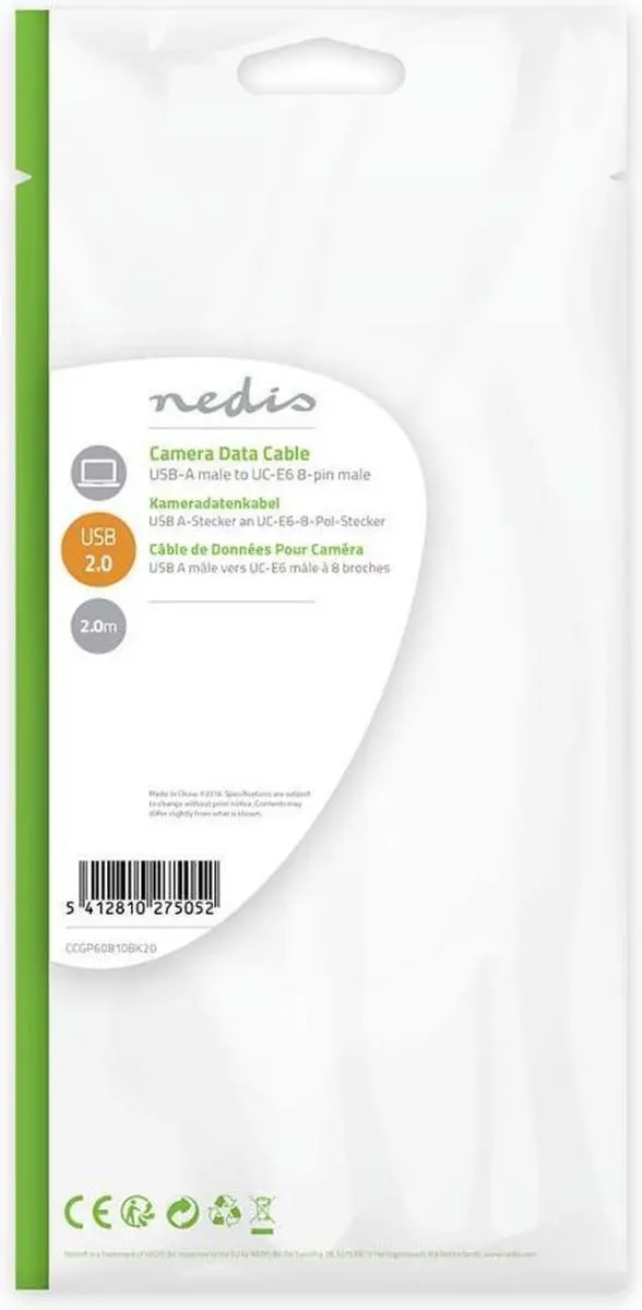 Nedis USB 2.0 A-Male naar US-E6 8-pins Male Kabel 2m - Zwart