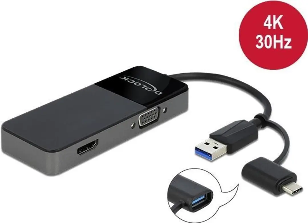 Delock USB 3.2 Gen 1 Adapter 4K HDMI+VGA - Zwart