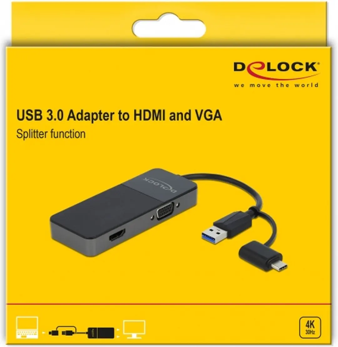 Delock USB 3.2 Gen 1 Adapter 4K HDMI+VGA - Zwart