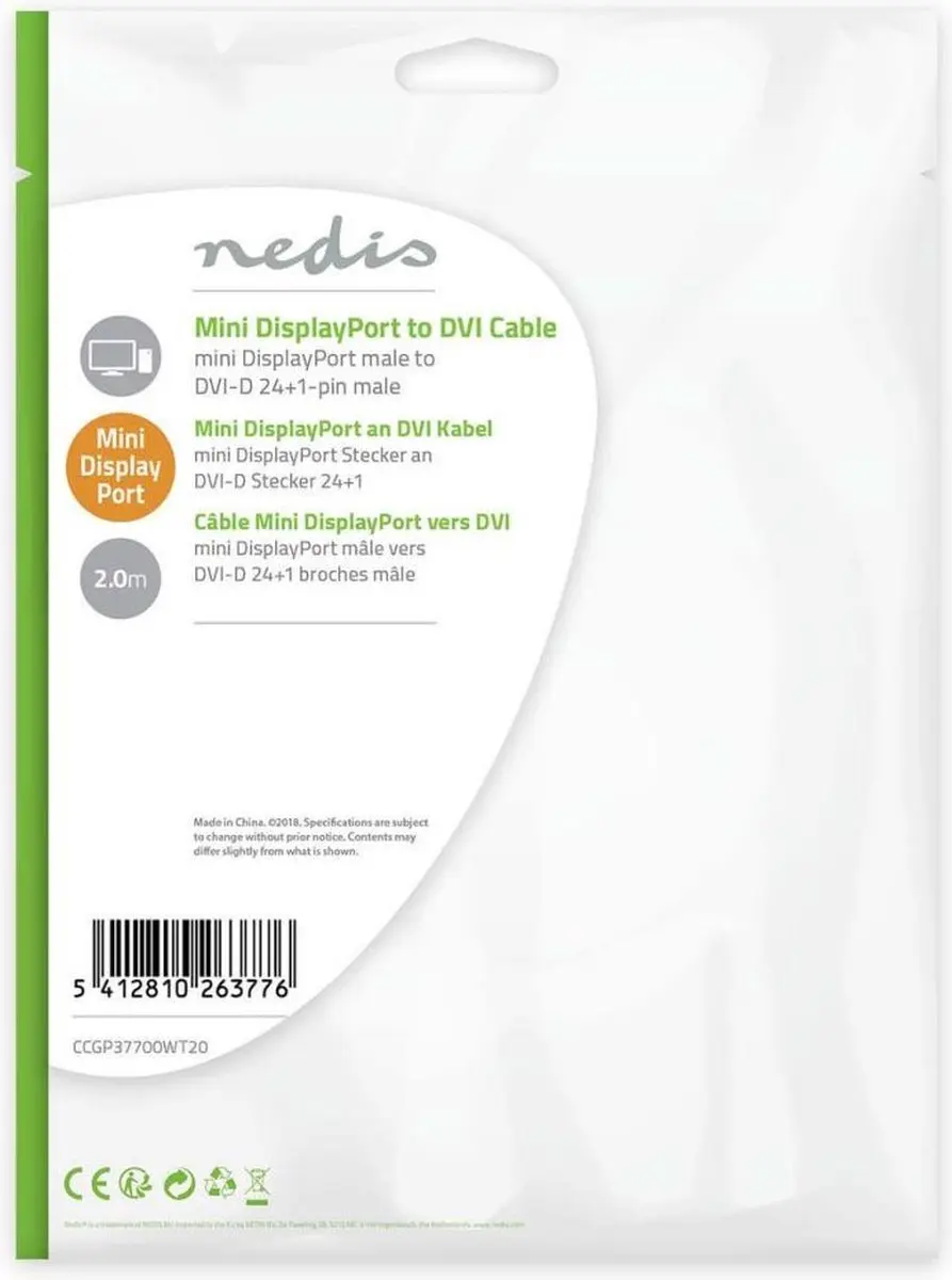 Nedis Mini DisplayPort naar DVI-D Kabel 21.6Gbps 2m - Wit
