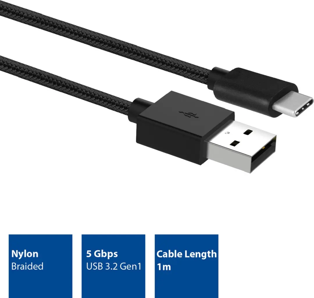 ACT AC3094 USB-C naar USB-A Kabel 1m - Nylon Gevlochten - 5 Gbps