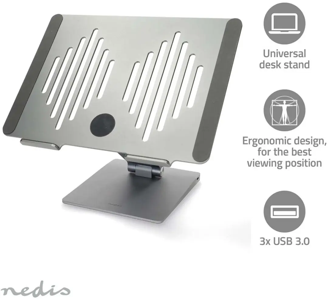 Nedis NBSTND500SI Notebookstandaard 17" - Aluminium - USB-C/HDMI