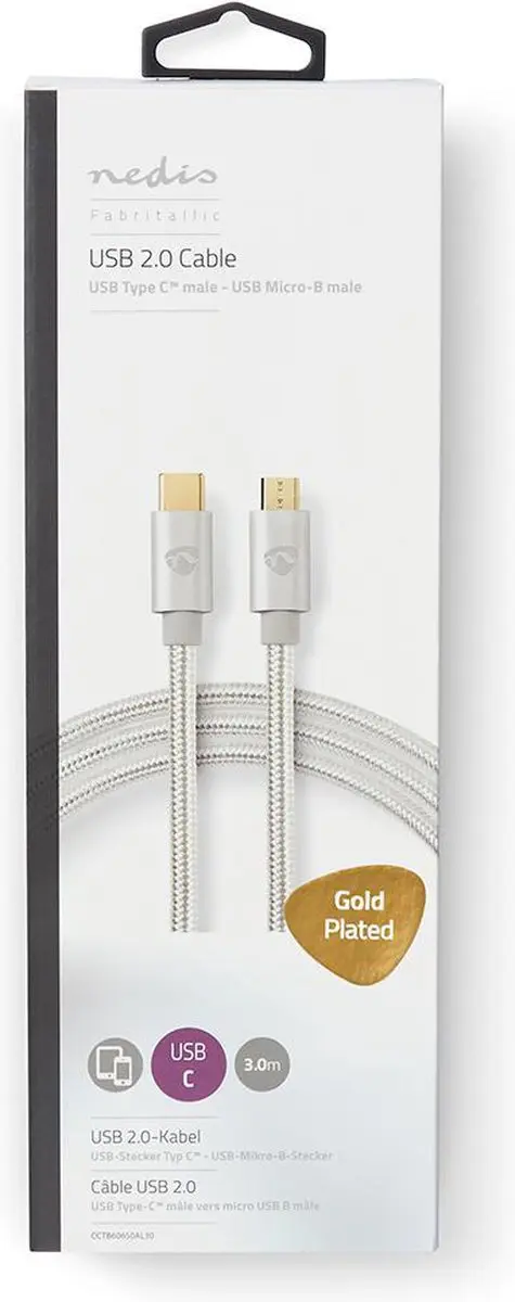 Nedis USB 2.0 USB-C naar Micro-B Kabel 10W 480Mbps 3m - Aluminium