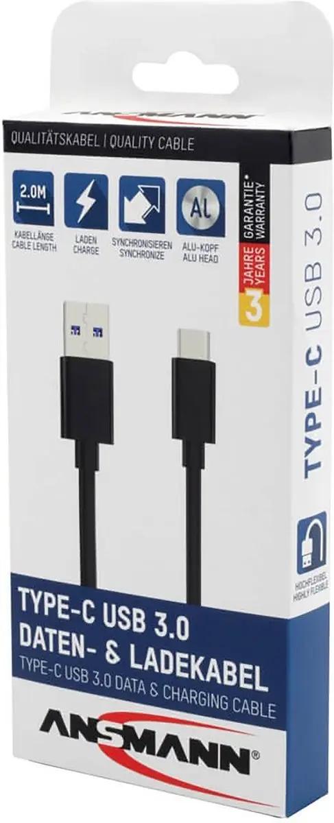 Ansmann Type C USB Data- en laadkabel 2m - Zwart
