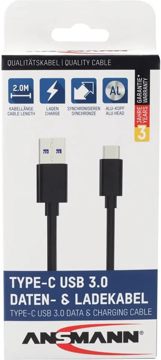 Ansmann Type C USB Data- en laadkabel 2m - Zwart