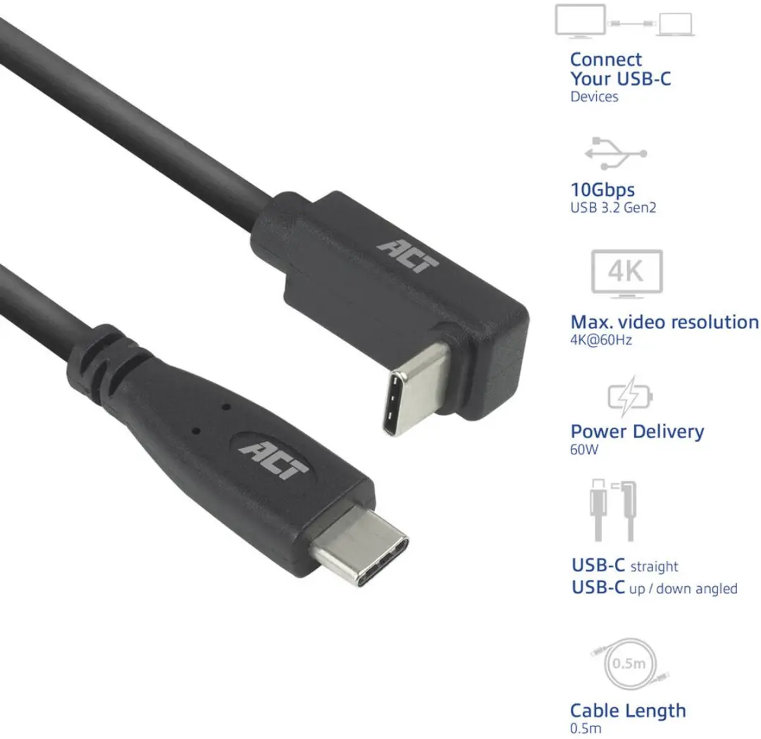 ACT AC7471 USB-C Kabel 10Gbps 60W 1m - recht naar haaks