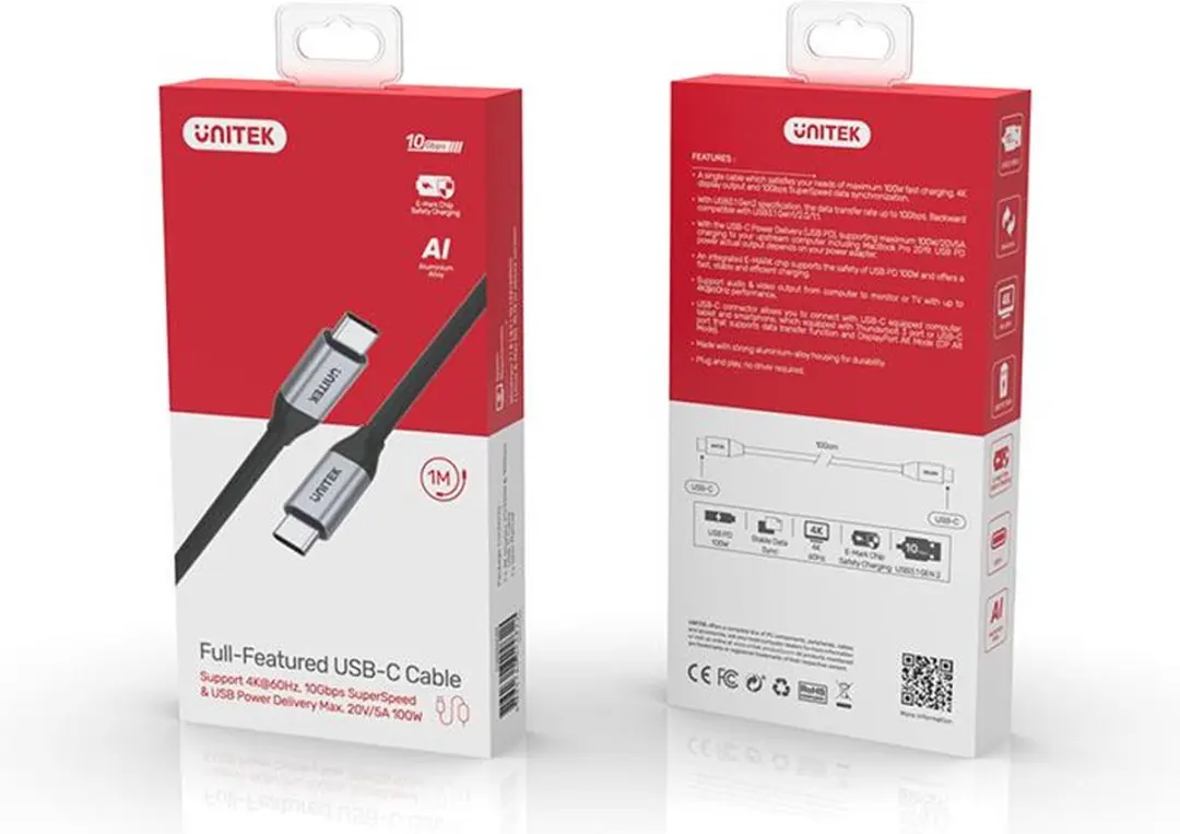 Unitek USB-C Kabel 4K 60Hz 20V 5A 10Gbps 1m - Zwart/Zilver