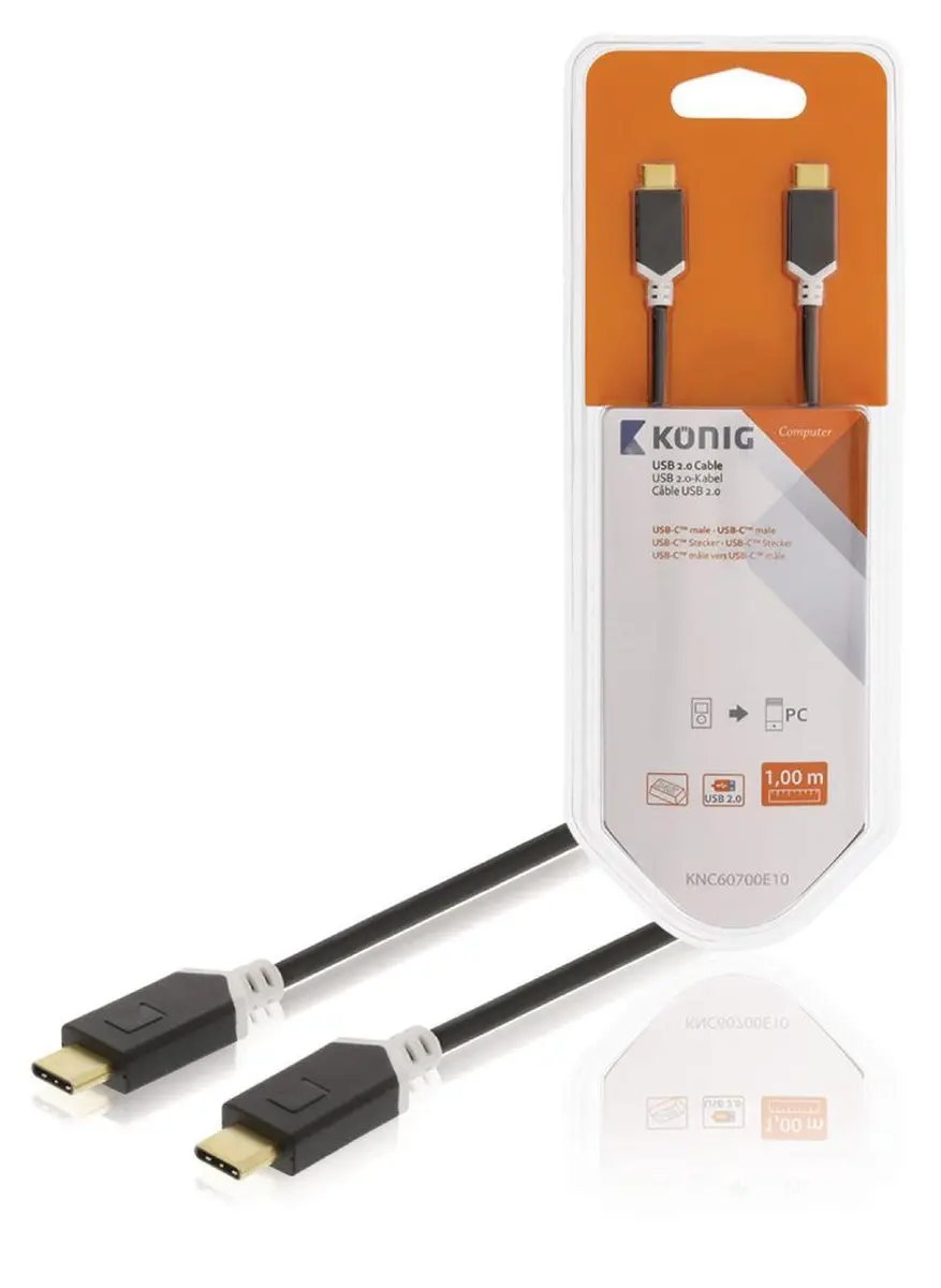 Konig USB-C naar USB-C Kabel KNC60700E10 - USB2.0 - 1m - Zwart