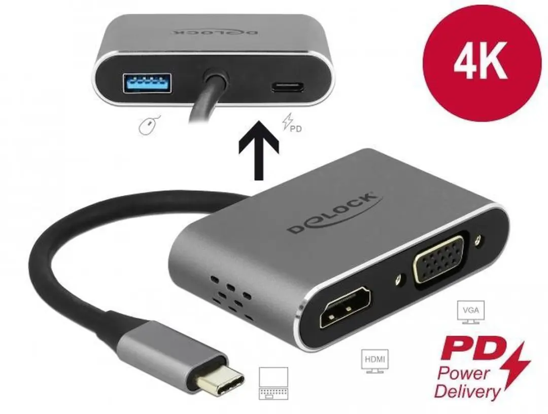 Delock USB-C naar HDMI/VGA Splitter met USB PD - 0,10m - Zwart