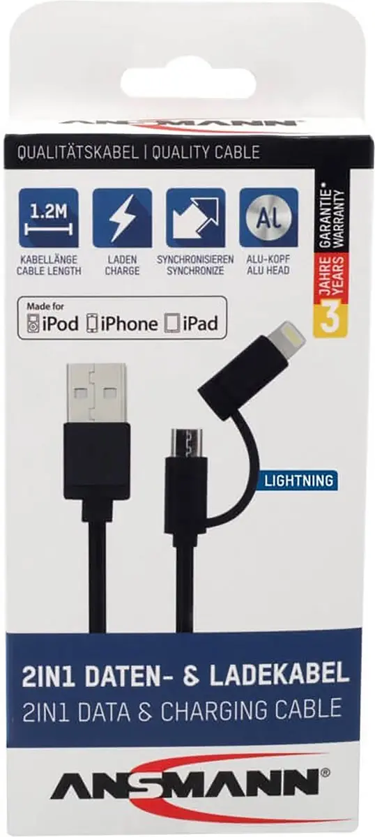 Ansmann 2-in-1 USB-kabel 1,2m - Zwart