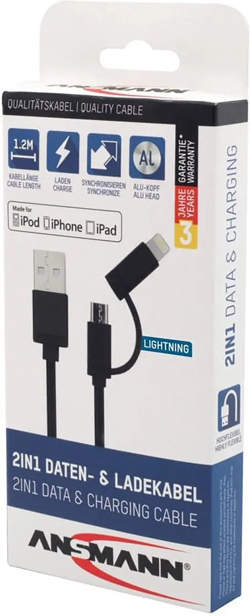 Ansmann 2-in-1 USB-kabel 1,2m - Zwart